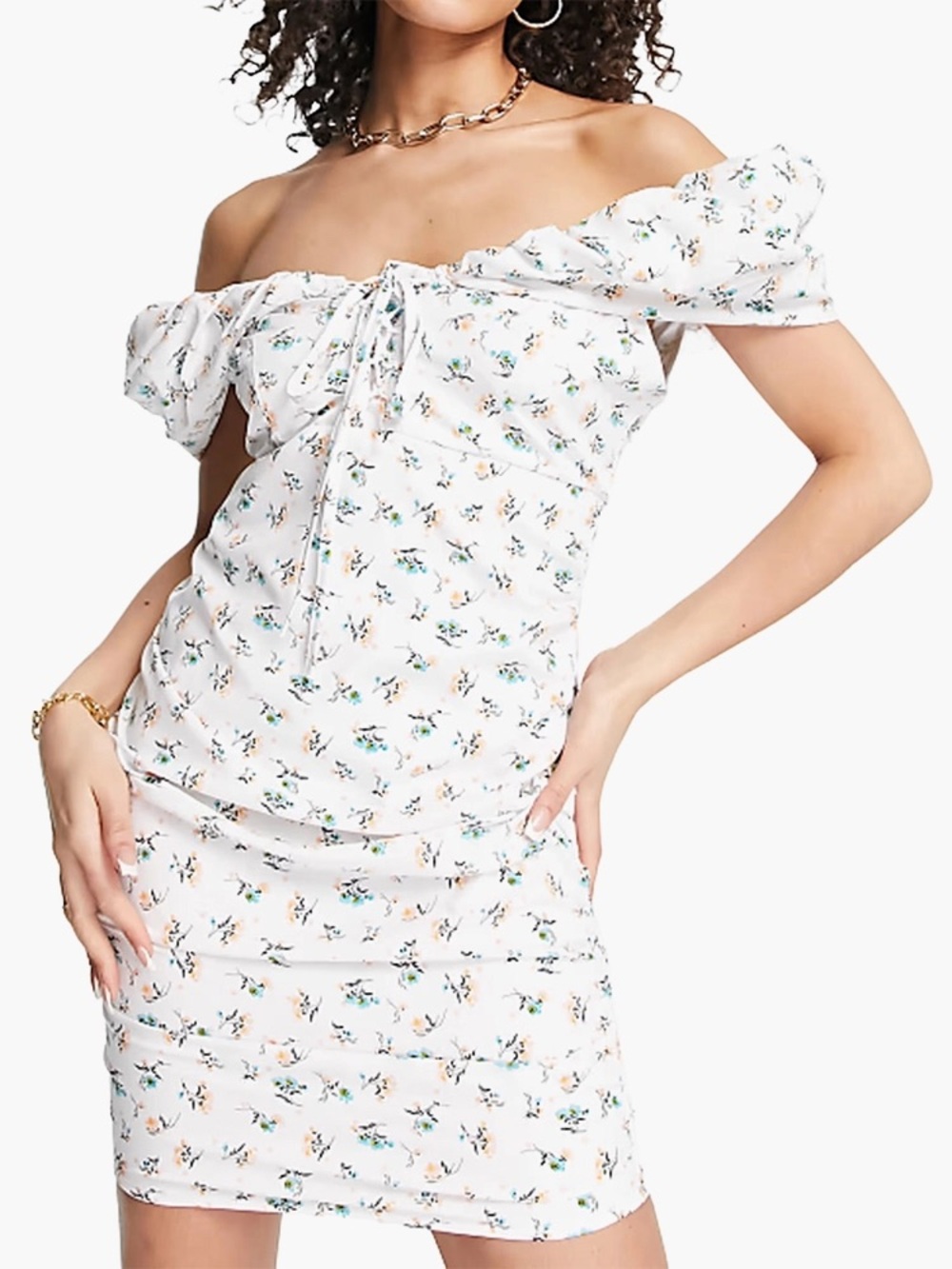 NWT Missguided Bardot Puff Tie Front Floral Mini Dress